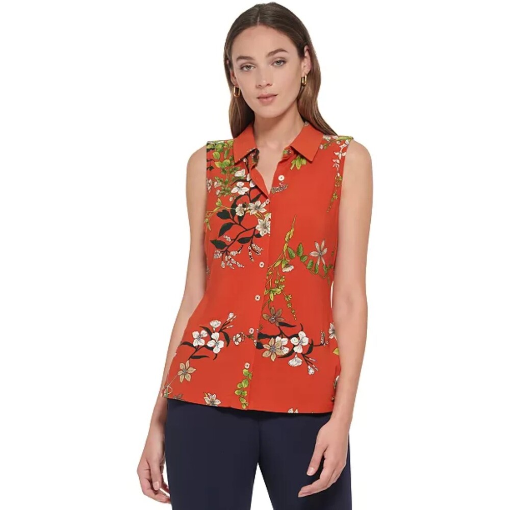 Tommy Hilfiger Floral-Print Sleeveless Blouse Orange / Red Size XL